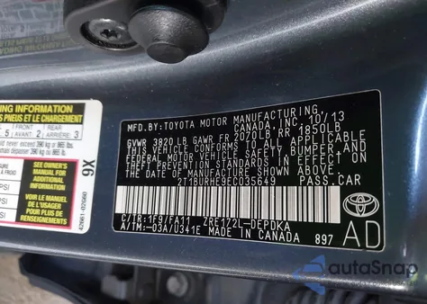 2014 Toyota Corolla L из США, поврежденный, VIN 2T1BURHE9EC035649